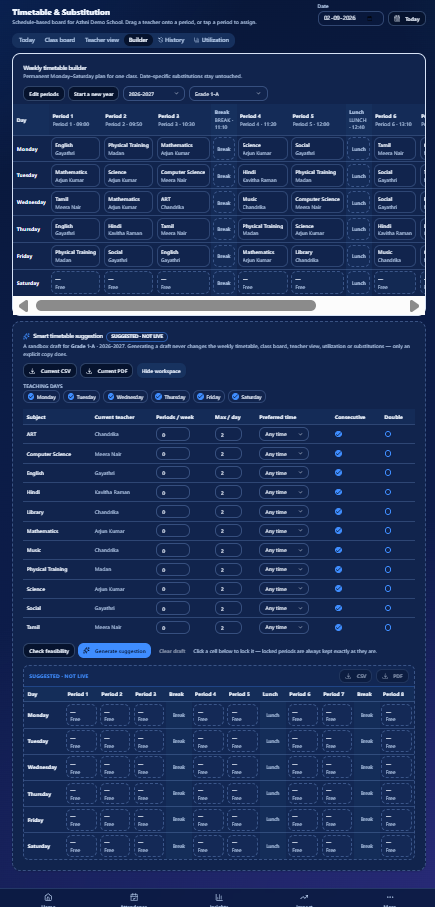 Azhni weekly timetable builder with a separate conflict-checked Smart Timetable Suggestion and substitution controls.